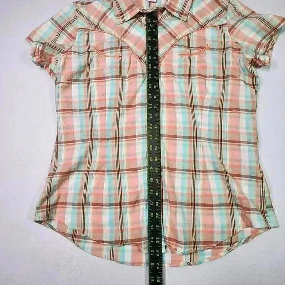 PINK Cattlelac Women's Western Short Sleeve L Peach Plaid Snaps Cowgirl Rodeo‎ - Picture 13 of 15